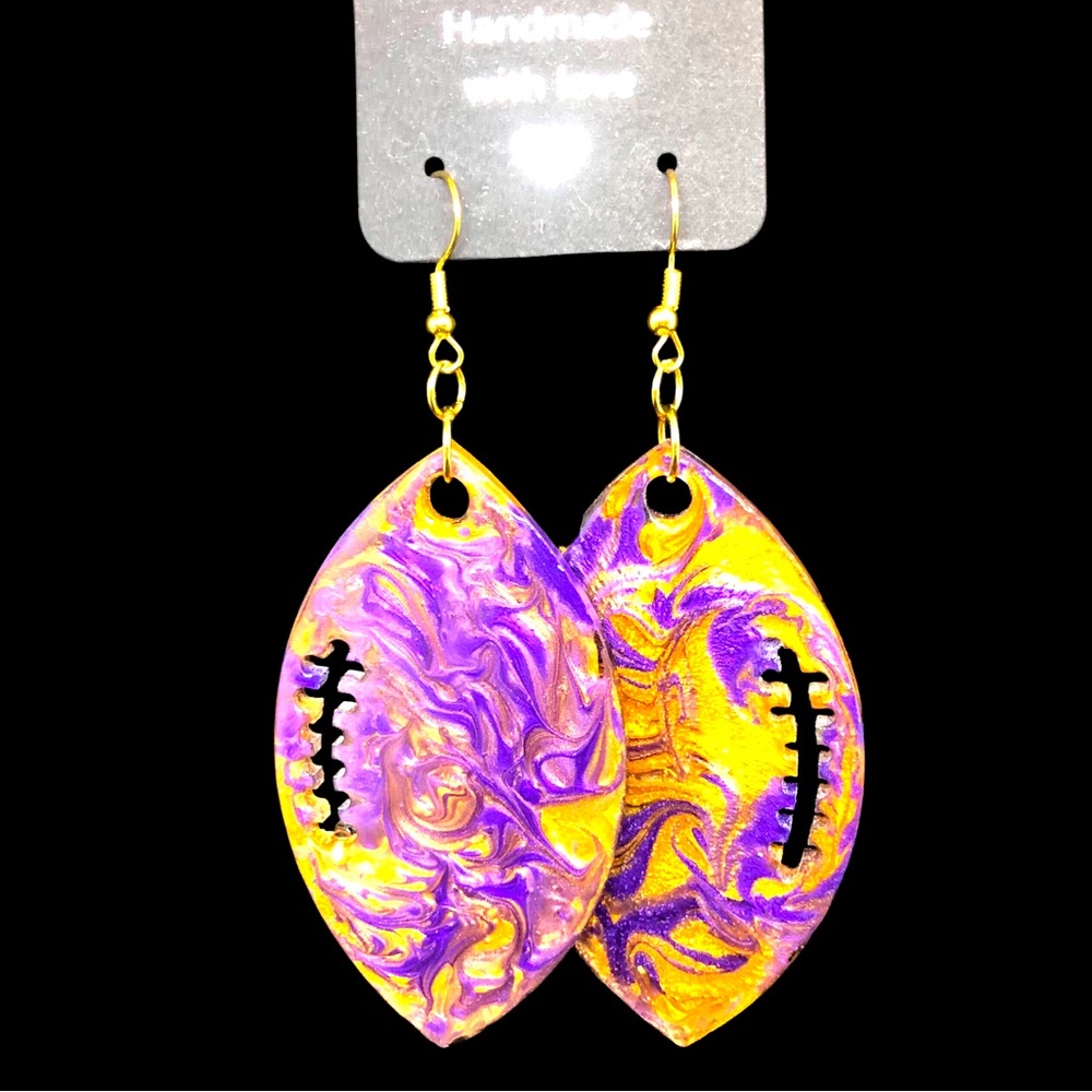 Handmade LSU Purple & Gold Football Dangle Earrings Tiger Game Day Jewelry NEW